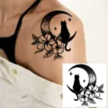 Waterproof temporary tattoo sticker featuring a cute cat on moon with lovely flower design. - HA062