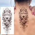 Geometric wolf temporary tattoo sticker with floral peony design for arm and leg use. - Forest Wolf and Peony Geometric Tattoo Sticker (NZ563) / 19.8x9.6CM