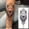 Geometric wolf temporary tattoo sticker for arm and leg, black and gray body art design. - Geometric Forest Wolf Tattoo Sticker (NZ564) / 19.8x9.6CM