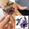 Temporary tattoo sticker hummingbird and purple flower hand back body art waterproof design - HA203 / 8x8cm