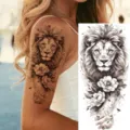 Black and white watercolor lion peony flower temporary tattoo sticker for arm and leg use. - NZ629 / 19.8x9.6CM