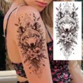 Wolf floral temporary tattoo sticker, geometric rose peony design for arm or leg. - Forest Wolf Floral Geometric Tattoo Sticker (NZ568) / 19.8x9.6CM