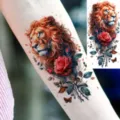 Watercolor lion and red rose temporary tattoo sticker for arm body art waterproof decor. - NZ636 / 19.8x9.6CM