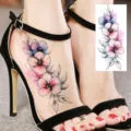 Autocollant de tatouage temporaire de fleurs colorées aquarelle pour l art du pied - Fleurs Rose Bleu(FO498) / 15x7CM