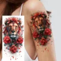 Watercolor lion red rose tattoo sticker waterproof temporary body art for arm and leg - NZ910 / 19.8x9.6CM