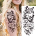 Temporary tattoo sticker featuring a fierce wolf and elegant peony flower design for arms. - Forest Wolf and Peony Tattoo Sticker (NZ569) / 19.8x9.6CM