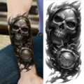 Halloween dark skull temporary tattoo sticker, realistic skeleton design for arm and leg. - Skull Fire Pocket Watch(NZ050)