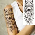 Wolf peony temporary tattoo sticker black and white floral arm body art waterproof design - Forest Wolf and Peony Tattoo Sticker (NZ572) / 19.8x9.6CM