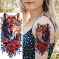 Waterproof temporary tattoo sticker featuring a fierce wolf and red roses, perfect for arm. - Watercolor Forest Wolf and Rose Tattoo Sticker (NZ574) / 19.8x9.6CM