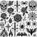 Hoja de pegatinas de tatuajes temporales en blanco y negro con calaveras y rosas. - HA239 / 8x8cm