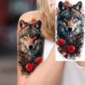 Watercolor forest wolf and red roses temporary tattoo sticker for arm and leg daily wear style - Forest Wolf and Red Rose Tattoo Sticker (NZ1218) / 19.8x9.6CM