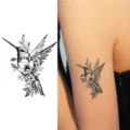 Black and white hummingbird floral temporary tattoo sticker for arm, stylish body art design - HA112
