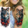 Wolf and red rose temporary tattoo sticker variant for arm and calf styling, waterproof. - Forest Wolf and Red Rose Tattoo Sticker (NZ1219) / 19.8x9.6CM