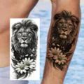 Adesivo per tatuaggio temporaneo leone nero e bianco con fiori per braccio e gamba. - NZ311 / 19.8x9.6CM