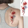 Waterproof temporary tattoo sticker featuring elegant red floral and butterfly designs. - Red-Grey Floral Butterfly Style (FO039) / 15x7CM