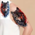 Watercolor wolf temporary tattoo sticker for arm and leg body art decoration waterproof style. - Watercolor Splash Wolf Tattoo Sticker (NZ1271) / 19.8x9.6CM