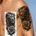 Black and white watercolor lion rose temporary tattoo sticker for arm and leg styling. - NZ335 / 19.8x9.6CM