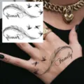 Temporary feather and birds tattoo sticker featuring Family text for hand body art decoration - HA132 / 8x8cm