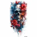 Watercolor skull and red roses temporary tattoo sticker for arms body art fashion decoration - Skull and Red Rose (NZ1184)