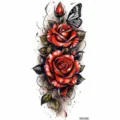 Temporary tattoo sticker featuring elegant red roses and butterfly design for arm. - Red Rose Bud Butterfly Style (NZ1300) / 19.8x9.6CM