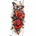 Butterfly and rose temporary tattoo sticker, vibrant watercolor style arm body art design. - Watercolor Double Red Rose Butterfly Style (NZ1301) / 19.8x9.6CM