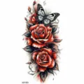 Temporary tattoo sticker with red roses and butterfly design for arm body art decoration. - Realistic Rose Black White Butterfly Style (NZ1303) / 19.8x9.6CM