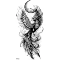 Temporary tattoo sticker featuring a detailed black and white phoenix and crescent moon design. - Black White Phoenix Crescent Style (FO365) / 15x7CM