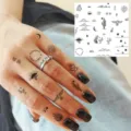 Y2K minimalist temporary tattoo stickers for fingers and hands waterproof black line art - Snake Cactus Sun Moon Pattern(HA180) / 8x8cm