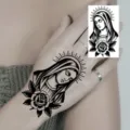 Chicano Virgin Mary temporary tattoo sticker, realistic black and white rose hand design art. - HS149 / 9.8x5.8cm