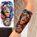 Watercolor lion temporary tattoo sticker with compass design for arm and leg waterproof - WZ025 / 19.5x9.5cm