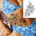 Autoadesivo temporaneo del tatuaggio floreale con arte di linea peonia nera per la moda. - LZ242
