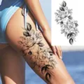 Adesivo per tatuaggio temporaneo floreale nero, design peonia realistico per gamba. - LZ245