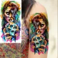 Waterproof temporary tattoo sticker with watercolor woman and skull design for arm or leg art. - WZ032 / 19.5x9.5cm
