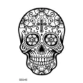 Autocollant de tatouage temporaire tête de mort noire et blanche avec fleurs et croix. - SS345