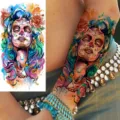 Waterproof Temporary Tattoo Sticker Sugar Skull Woman Colorful Watercolor Arm Leg Art - WZ056 / 19.5x9.5cm