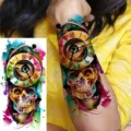 Waterproof temporary tattoo sticker featuring a colorful watercolor skull and clock design for arms. - WZ057 / 19.5x9.5cm