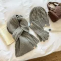 Winter knitted three-piece set including cozy scarf hat and gloves in solid gray cable knit. - Set / Gray