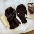 Brown Winter Knit Three-Piece Set Scarf Hat and Gloves Solid Cable Knit Warm Fashion Variant - Set / Dark Coffee