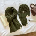 Winter dark green knit three-piece set scarf hat and gloves solid cable warm fashion - Set / Dark Green
