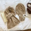 Winter knit scarf hat gloves set, camel color cable knit warm three piece set for women men - Set / Oatmeal