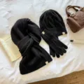 Winter knit 3-piece set solid color cable knit scarf hat and gloves warm versatile - Set / Black