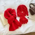 Winter red knit three piece set warm cozy scarf beanie gloves cable fashion apparel - Set / Red