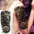 Black and white lion and rose temporary tattoo sticker for arm and leg decoration product. - NZ337 / 19.8x9.6CM