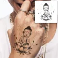 Temporary tattoo sticker featuring a cute baby Buddha lotus design for hand art. - Chibi Buddha on Lotus (HA149) / 8x8cm