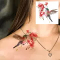 Waterproof temporary tattoo sticker featuring a watercolor hummingbird and red flower design. - HA137