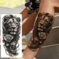 Black and white lion rose temporary tattoo sticker for arm and leg, realistic waterproof art. - NZ338 / 19.8x9.6CM