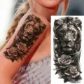 Black and white lion rose temporary tattoo sticker for arm and leg, cool body art. - NZ339 / 19.8x9.6CM