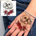 Cute dog and red roses temporary tattoo sticker for hand, realistic body art accessory. - HA138