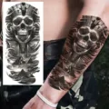 Waterproof temporary tattoo sticker featuring Egyptian pharaoh skull and pyramids for arms. - Pharaoh Skull Pyramid(NZ063)