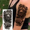 Black and white lion rose temporary tattoo sticker for arm and leg, waterproof body art ink. - NZ340 / 19.8x9.6CM